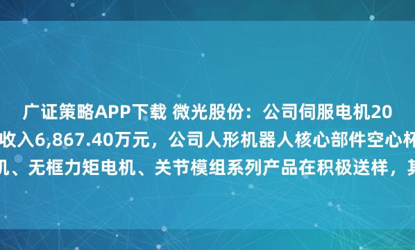广证策略APP下载 微光股份:公司伺服电机2025年上半年实现销售收入6,867.40万元,公司人形机器人核心部件空心杯电机、无框力矩电机、关节模组系列产品在积极送样,其中无框力矩电机已取得小批量订单